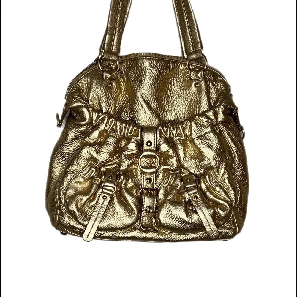Michael Kors Gold Leather Shoulder Bag. Large bag has shoulder strap also